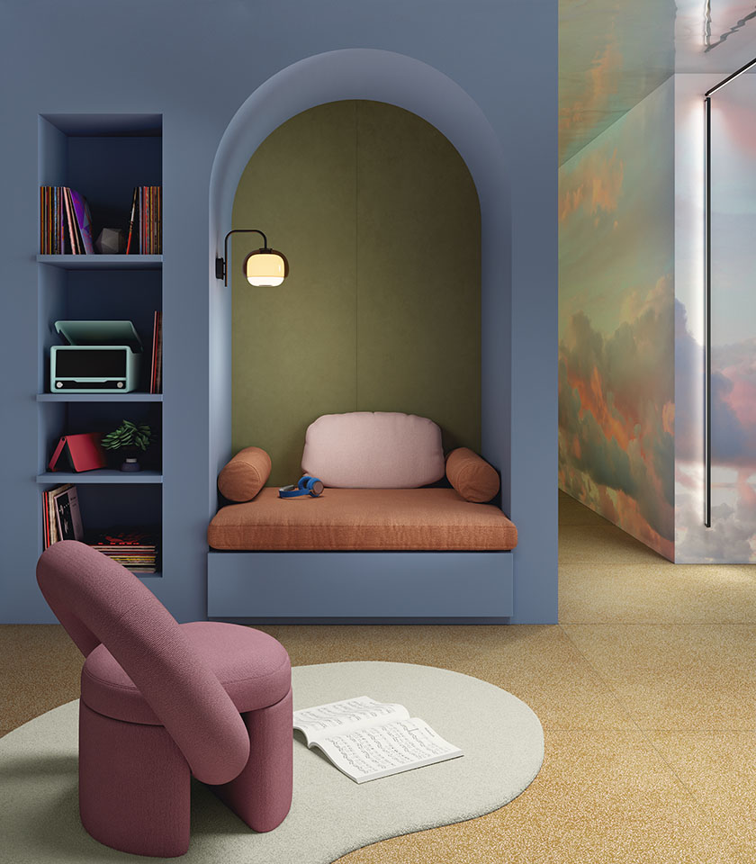 Modern interior with soft colours, textured flooring and a cosy built-in nook.