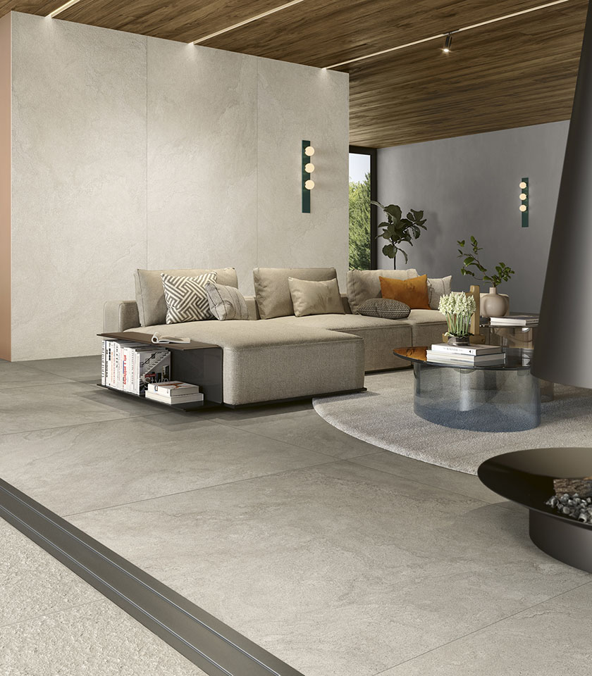 Pulse Clay creates seamless continuity between indoor and outdoor living spaces with natural, tactile stone-effect ceramic surfaces.