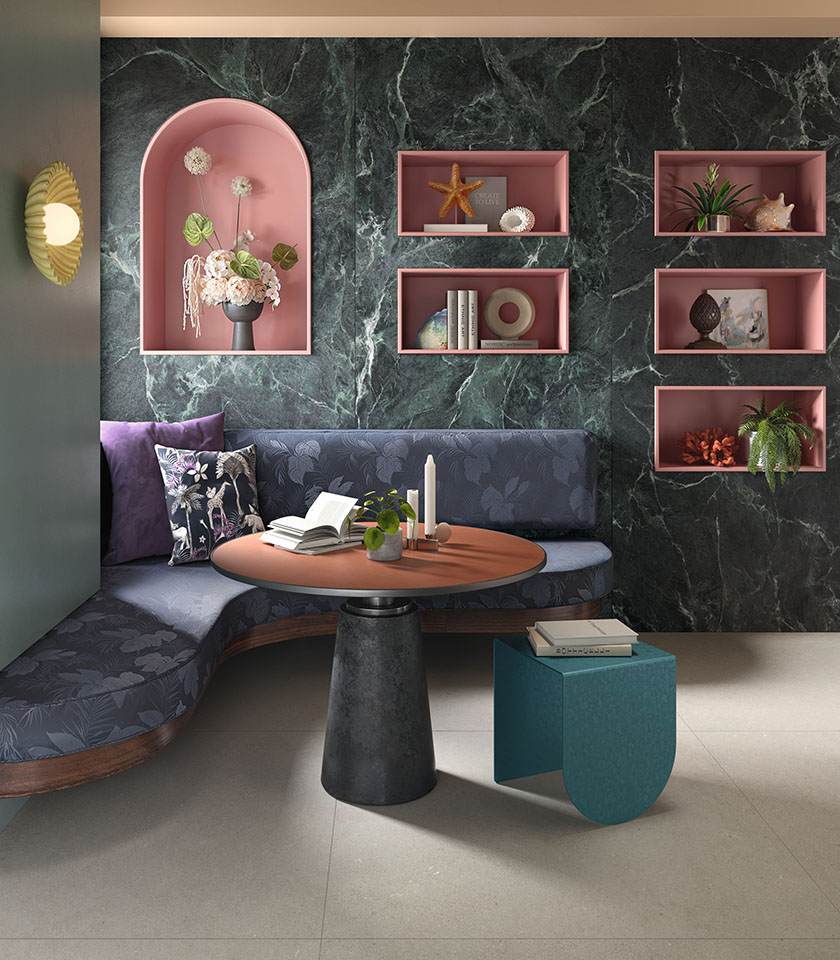 Discover how to combine Lea Ceramiche stone-effect surfaces, neutral tones and bold color accents to create sophisticated, original interiors full of character.